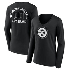 Pittsburgh Steelers Women's Personalized Name & Number Monochrome Long Sleeve V-Neck T-Shirt - Black discount
