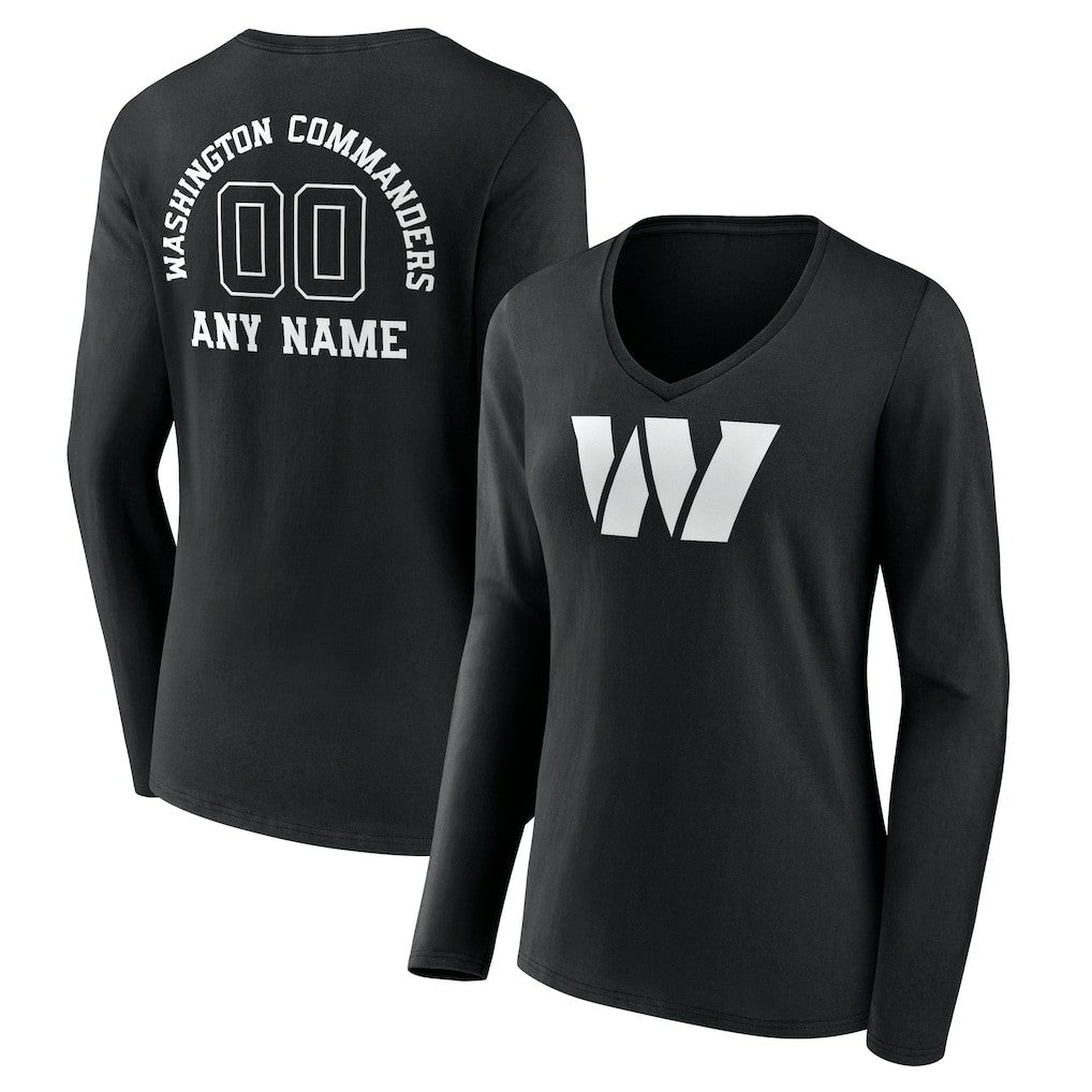 Washington Commanders Women's Personalized Name & Number Monochrome Long Sleeve V-Neck T-Shirt - Black on sale