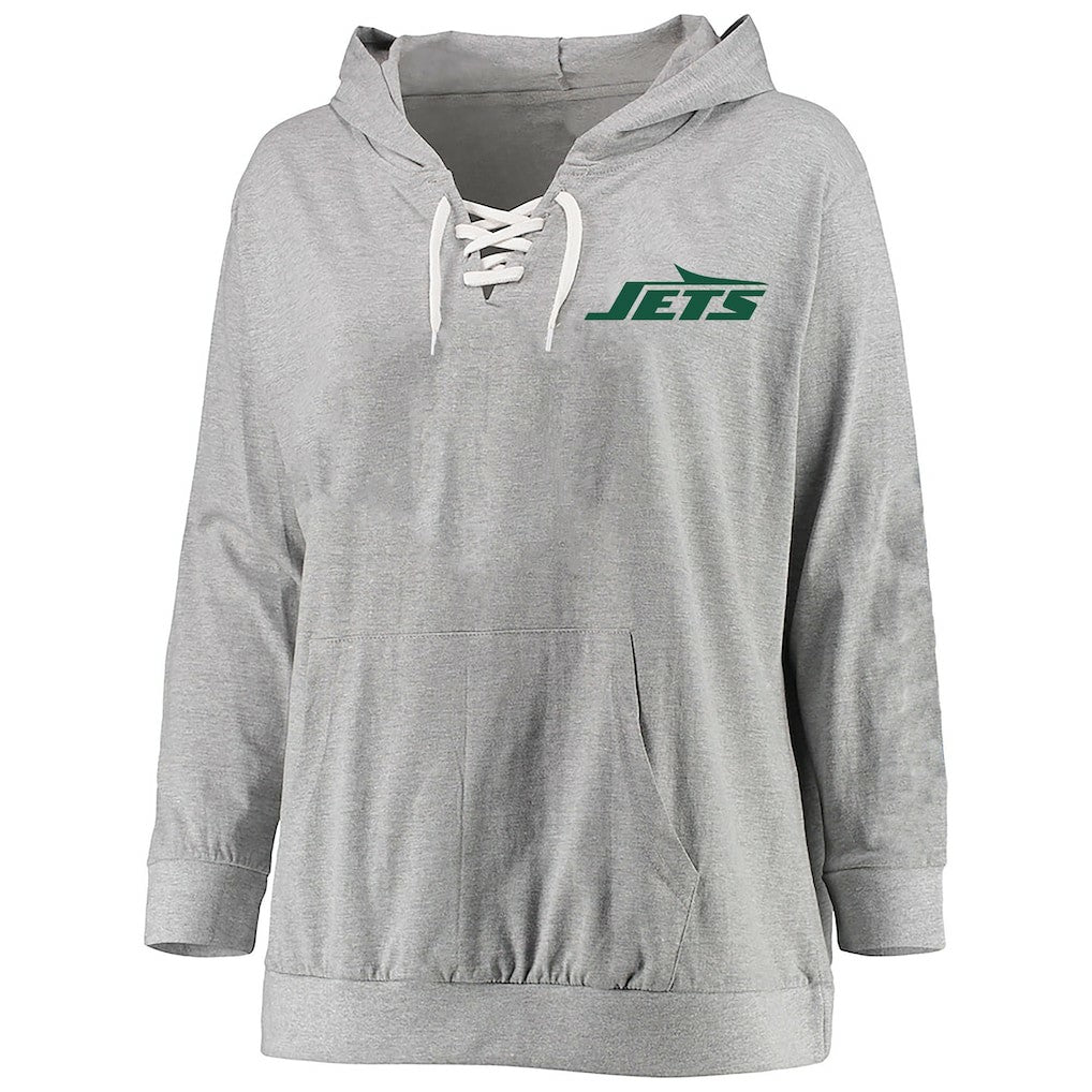New York Jets Women's Plus Size Lace-up Pullover Hoodie - Heather Gray cheap