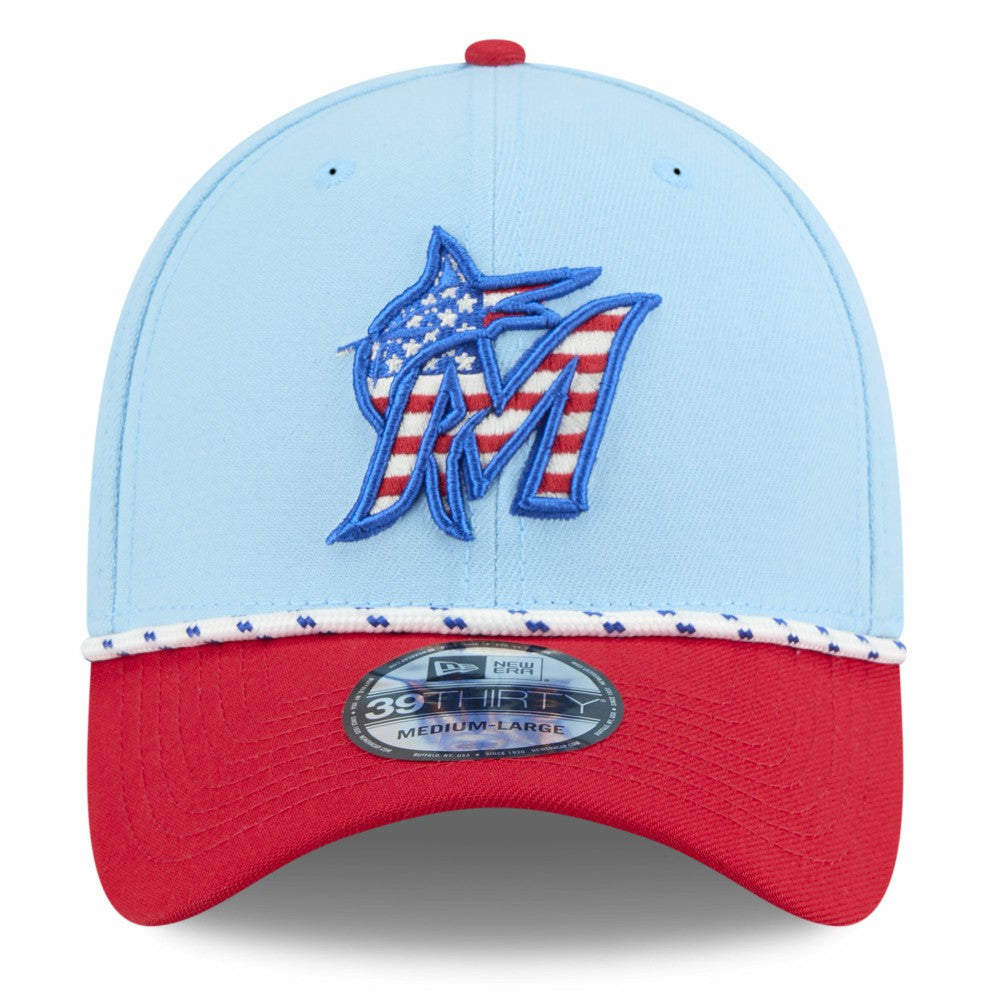 Miami Marlins 2025 Fourth of July 39THIRTY Flex Hat Light Blue/Red