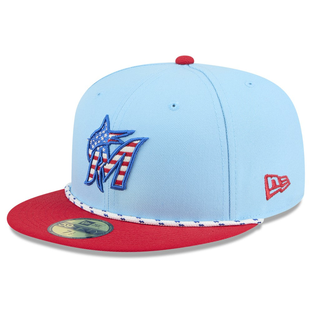 Miami Marlins 2025 Fourth of July 59FIFTY Fitted Hat Light Blue/Red