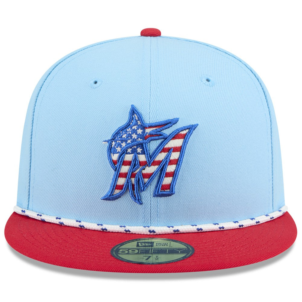 Miami Marlins 2025 Fourth of July 59FIFTY Fitted Hat Light Blue/Red