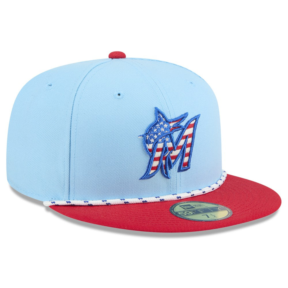 Miami Marlins 2025 Fourth of July 59FIFTY Fitted Hat Light Blue/Red