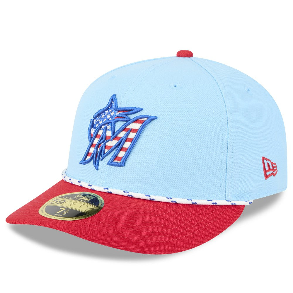 Miami Marlins 2025 Fourth of July Low Profile 59FIFTY Fitted Hat Light Blue/Red