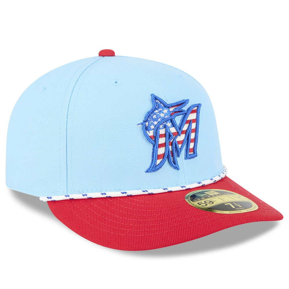 Miami Marlins 2025 Fourth of July Low Profile 59FIFTY Fitted Hat Light Blue/Red