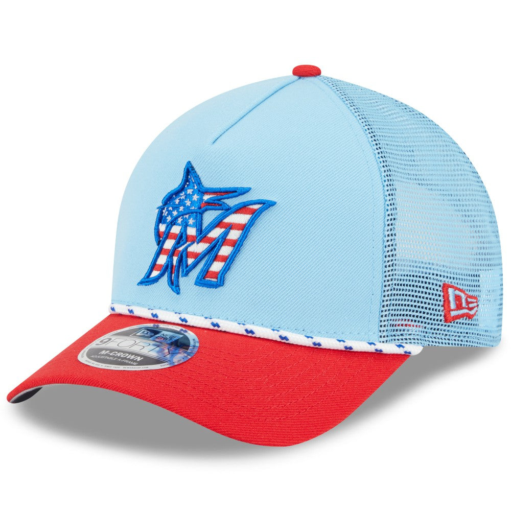 Miami Marlins 2025 Fourth of July 9FORTY A-Frame M-Crown Adjustable Trucker Hat Light Blue/Red