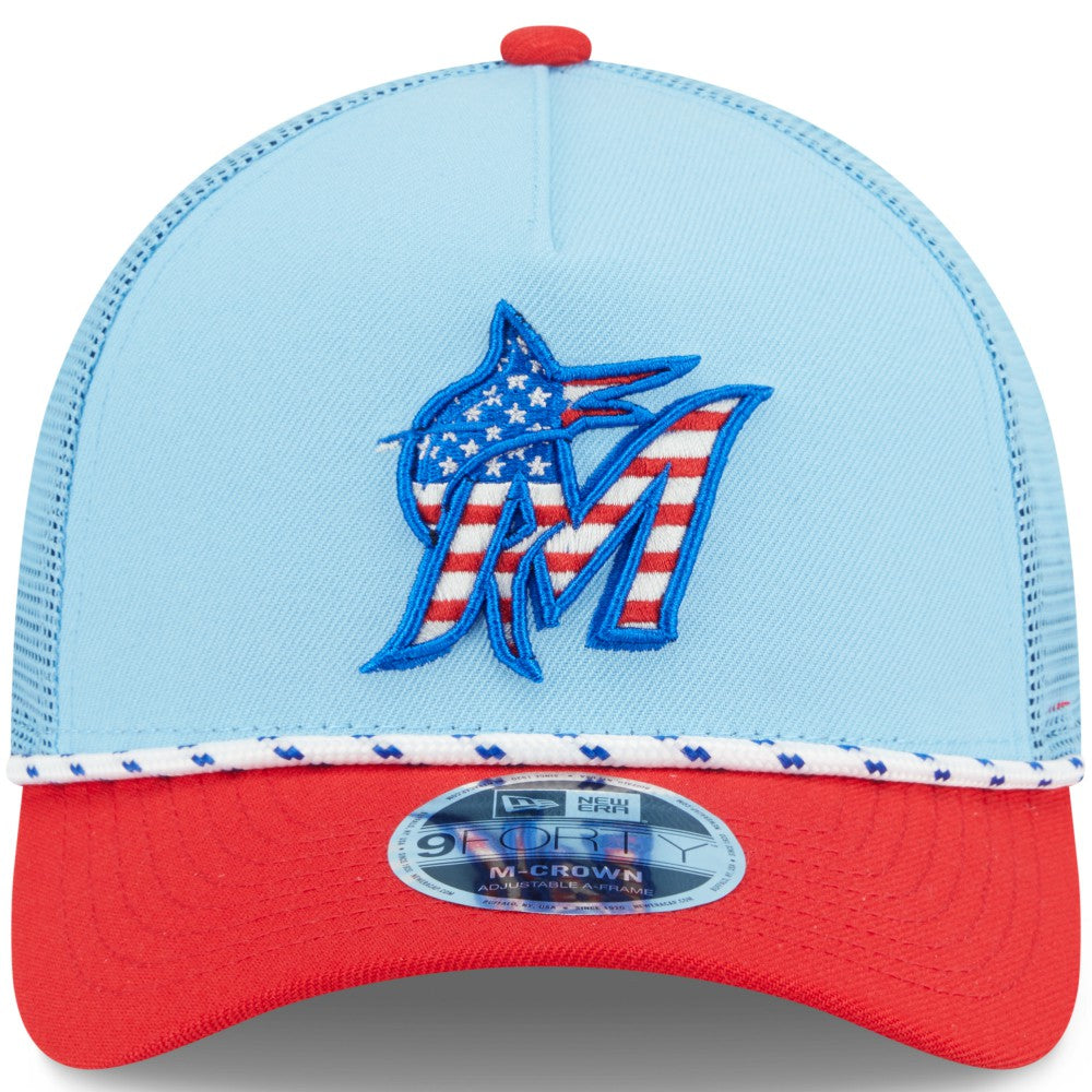 Miami Marlins 2025 Fourth of July 9FORTY A-Frame M-Crown Adjustable Trucker Hat Light Blue/Red