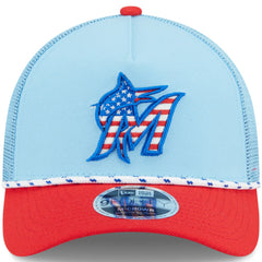 Miami Marlins 2025 Fourth of July 9FORTY A-Frame M-Crown Adjustable Trucker Hat Light Blue/Red