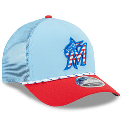 Miami Marlins 2025 Fourth of July 9FORTY A-Frame M-Crown Adjustable Trucker Hat Light Blue/Red