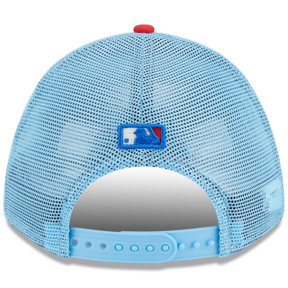 Miami Marlins 2025 Fourth of July 9FORTY A-Frame M-Crown Adjustable Trucker Hat Light Blue/Red