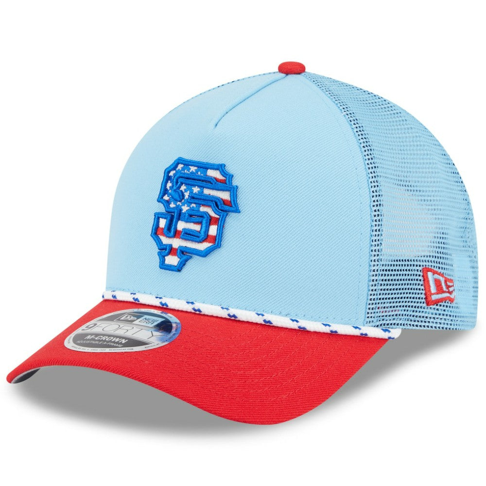 San Francisco Giants 2025 Fourth of July 9FORTY A-Frame M-Crown Adjustable Trucker Hat Light Blue/Red
