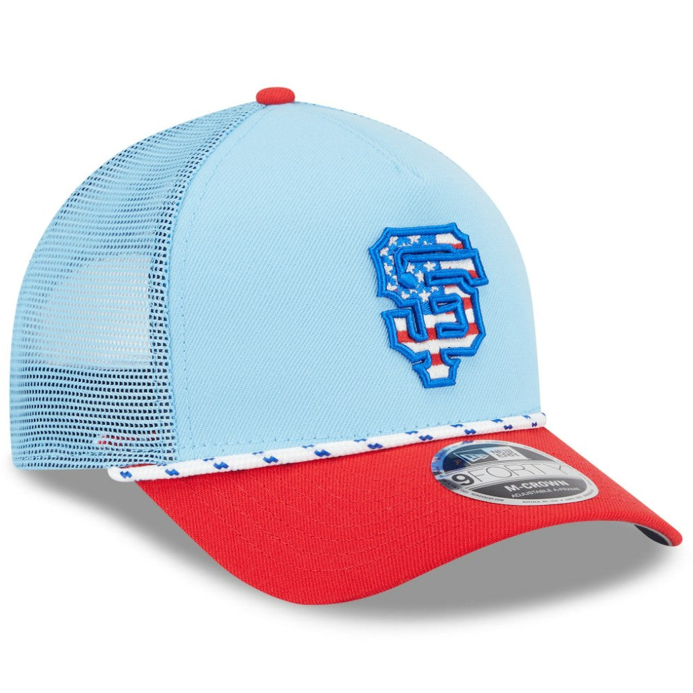 San Francisco Giants 2025 Fourth of July 9FORTY A-Frame M-Crown Adjustable Trucker Hat Light Blue/Red