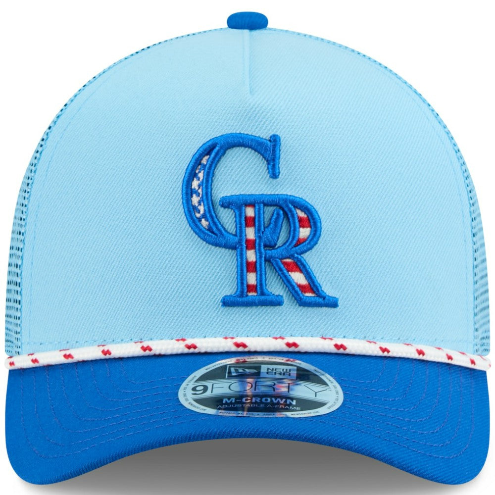 Colorado Rockies 2025 Fourth of July 9FORTY A-Frame M-Crown Adjustable Trucker Hat Light Blue/Blue