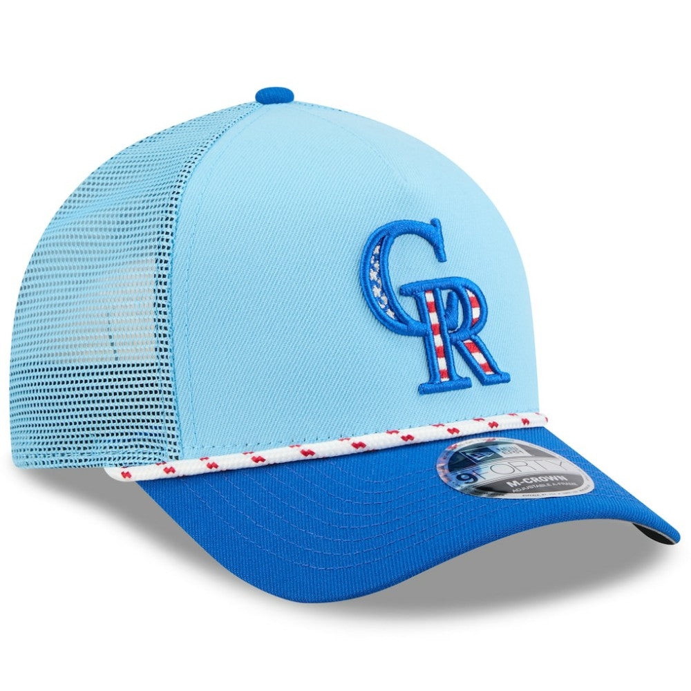 Colorado Rockies 2025 Fourth of July 9FORTY A-Frame M-Crown Adjustable Trucker Hat Light Blue/Blue