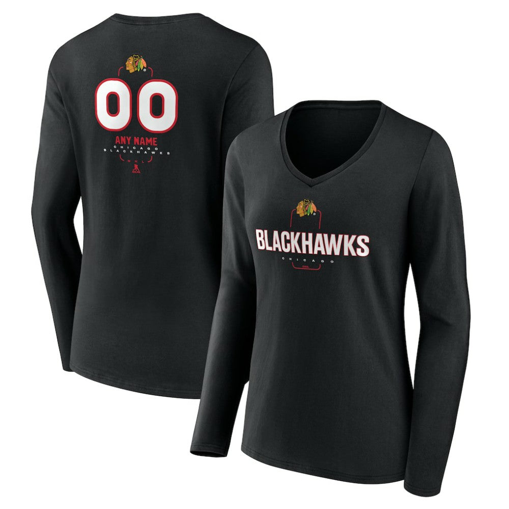 Chicago Blackhawks Women's Personalized Name & Number Midfielder Long Sleeve V-Neck T-Shirt - Black T-shirts