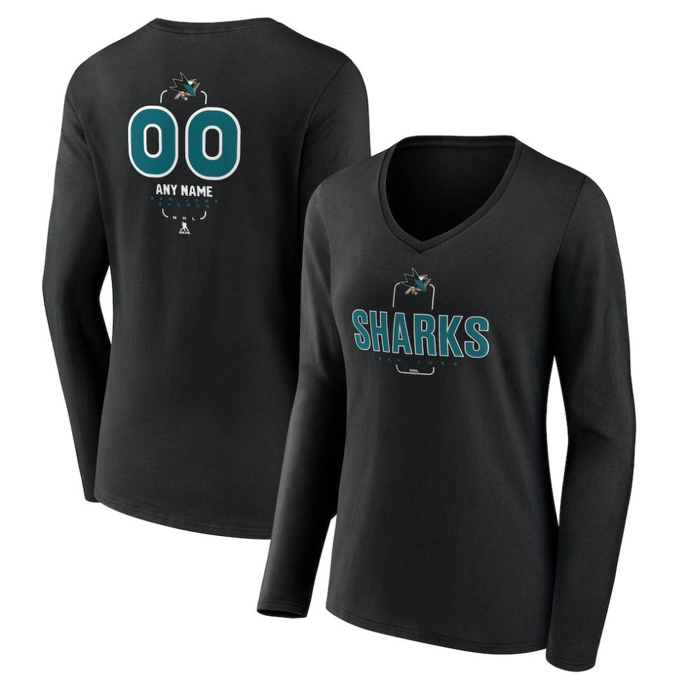 San Jose Sharks Women's Personalized Name & Number Midfielder Long Sleeve V-Neck T-Shirt - Black T-shirts