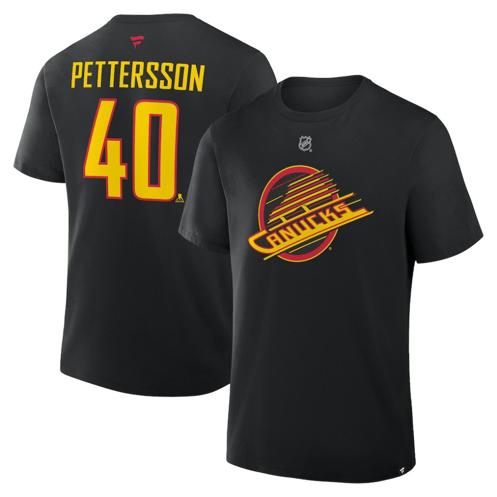 Elias Pettersson Vancouver Canucks Fanatics Authentic Stack Name & Number T-Shirt - Black T-shirts