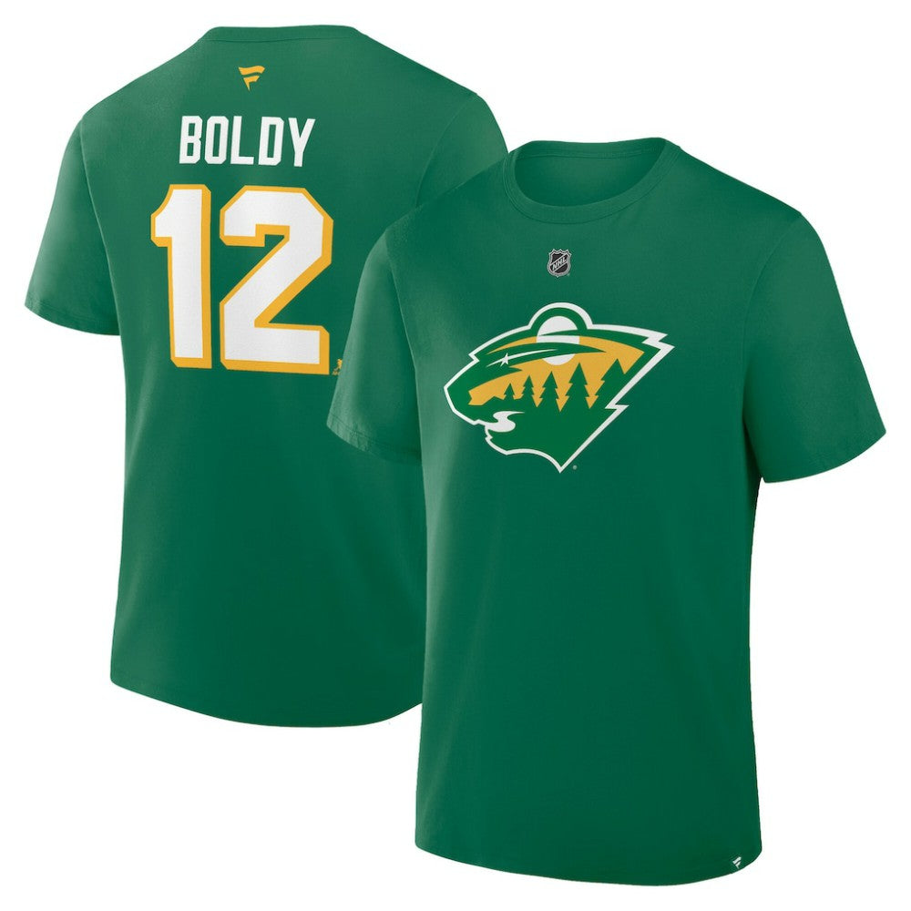 Matthew Boldy Minnesota Wild Fanatics Authentic Stack Name & Number T-Shirt - Kelly Green T-shirts