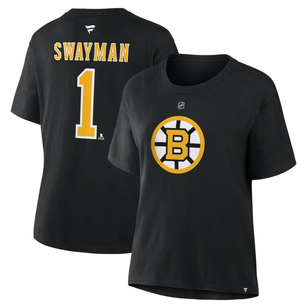 Jeremy Swayman Boston Bruins Fanatics Women's Authentic Stack Name & Number T-Shirt - Black T-shirts