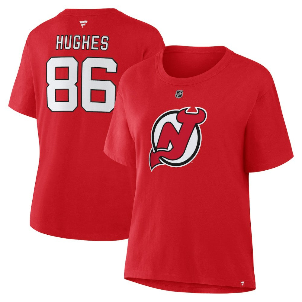 Jack Hughes New Jersey Devils Fanatics Women's Authentic Stack Name & Number T-Shirt - Red T-shirts