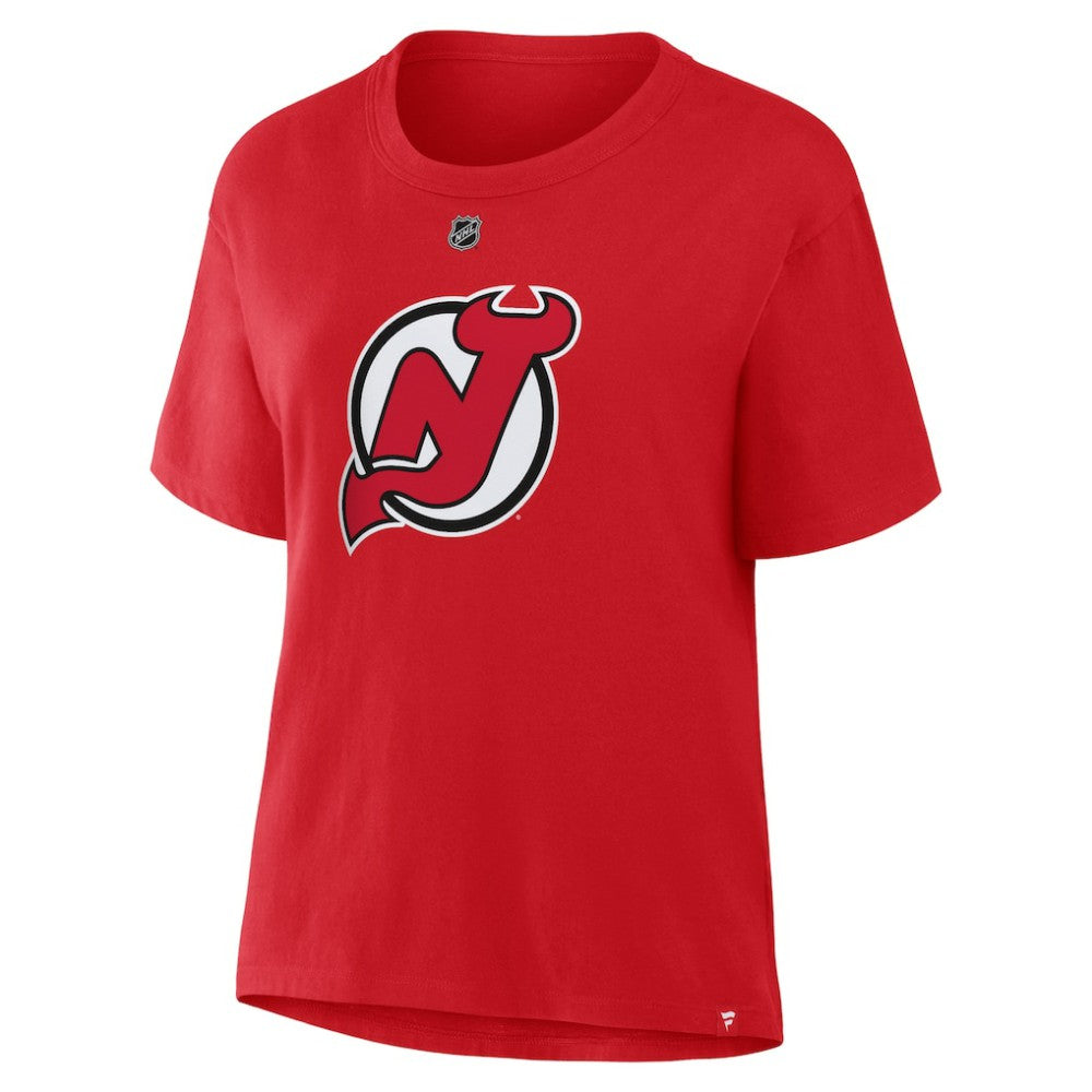 Jack Hughes New Jersey Devils Fanatics Women's Authentic Stack Name & Number T-Shirt - Red T-shirts