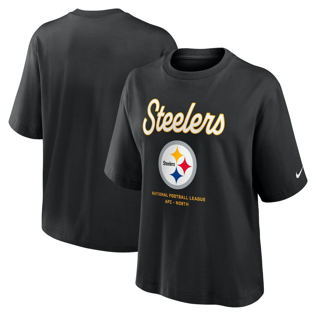 Pittsburgh Steelers Women's Essential Script Relaxed Boxy T-Shirt - Black discount