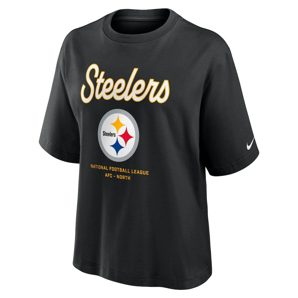 Pittsburgh Steelers Women's Essential Script Relaxed Boxy T-Shirt - Black discount