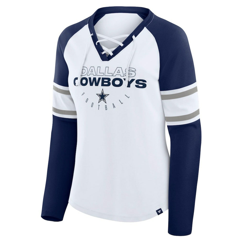 Dallas Cowboys Women's Redzone Blitz Package Raglan Lace-Up V-Neck Long Sleeve T-Shirt - White/Navy outlet