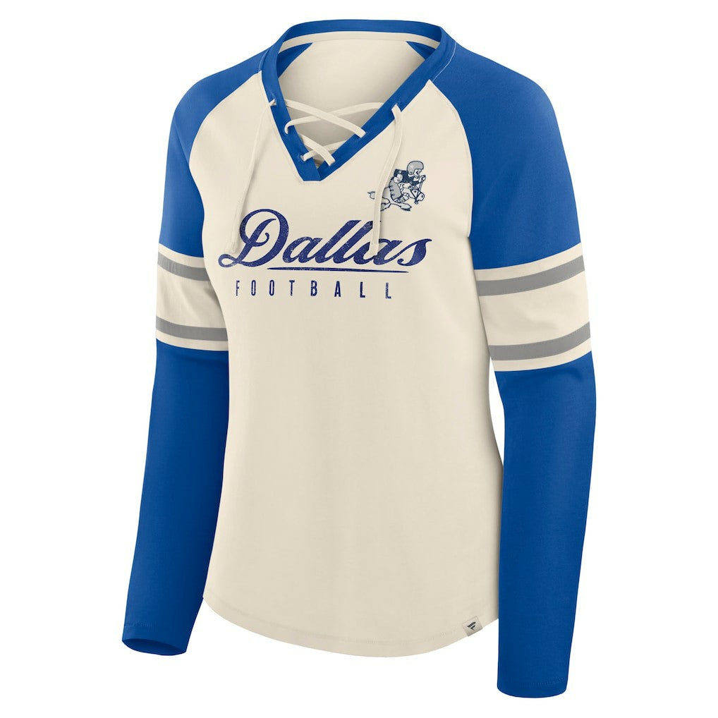 Dallas Cowboys Women's Hometown Gridiron Hero Raglan Lace-Up V-Neck Long Sleeve T-Shirt - Cream/Royal cheap