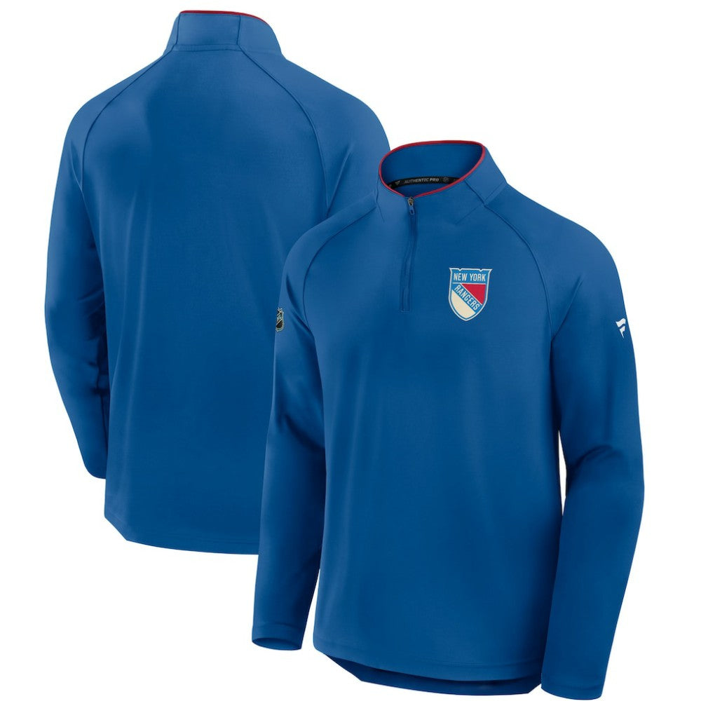 New York Rangers Fanatics Authentic Pro Rink Training Centennial Raglan Quarter-Zip Pullover - Blue Pullover