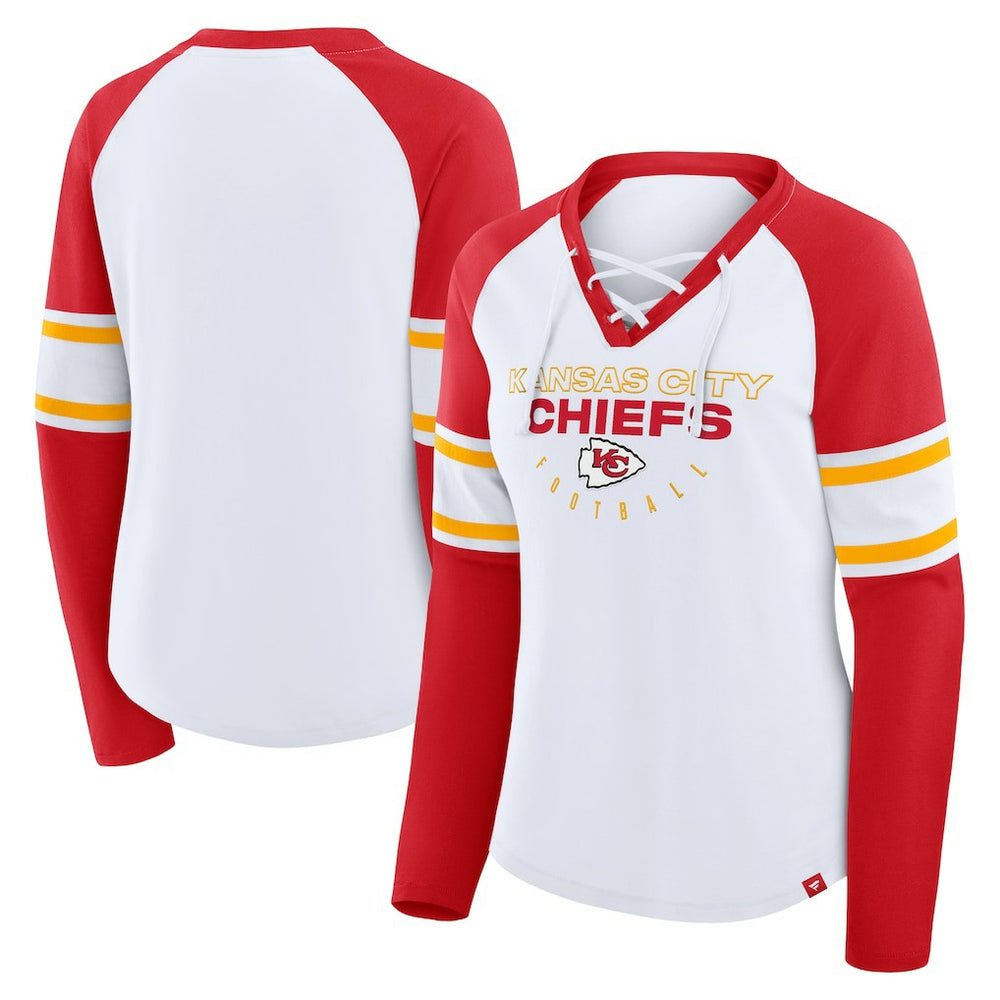 Kansas City Chiefs Women's Redzone Blitz Package Raglan Lace-Up V-Neck Long Sleeve T-Shirt - White/Red discount