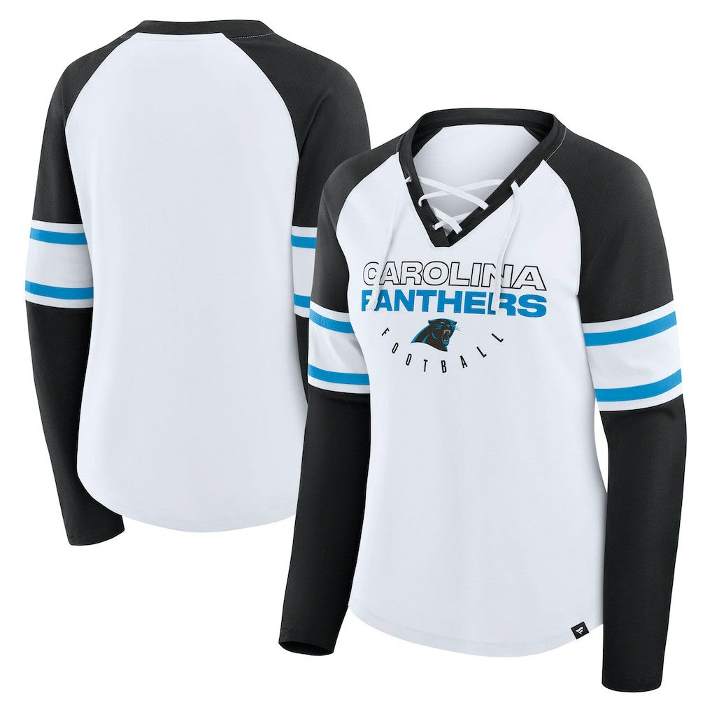 Carolina Panthers Women's Redzone Blitz Package Raglan Lace-Up V-Neck Long Sleeve T-Shirt - White/Black on sale