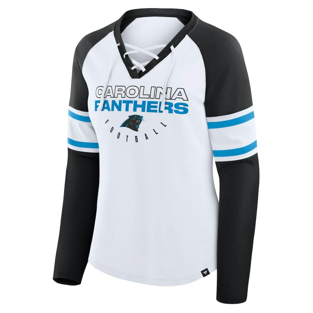 Carolina Panthers Women's Redzone Blitz Package Raglan Lace-Up V-Neck Long Sleeve T-Shirt - White/Black on sale