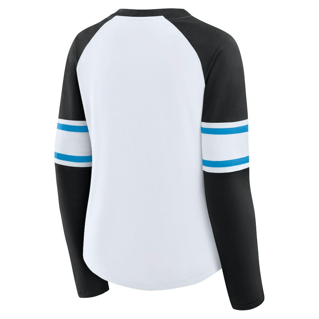Carolina Panthers Women's Redzone Blitz Package Raglan Lace-Up V-Neck Long Sleeve T-Shirt - White/Black on sale