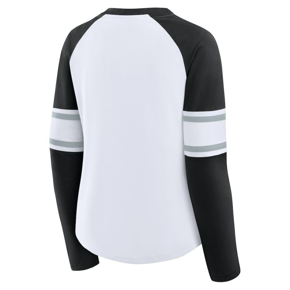 Las Vegas Raiders Women's Redzone Blitz Package Raglan Lace-Up V-Neck Long Sleeve T-Shirt - White/Black sale