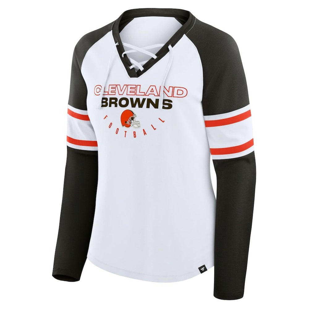 Cleveland Browns Women's Redzone Blitz Package Raglan Lace-Up V-Neck Long Sleeve T-Shirt - White/Brown on sale