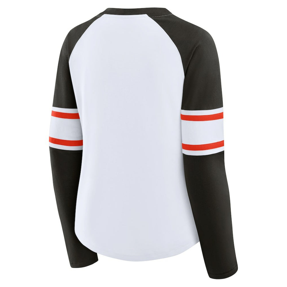 Cleveland Browns Women's Redzone Blitz Package Raglan Lace-Up V-Neck Long Sleeve T-Shirt - White/Brown on sale
