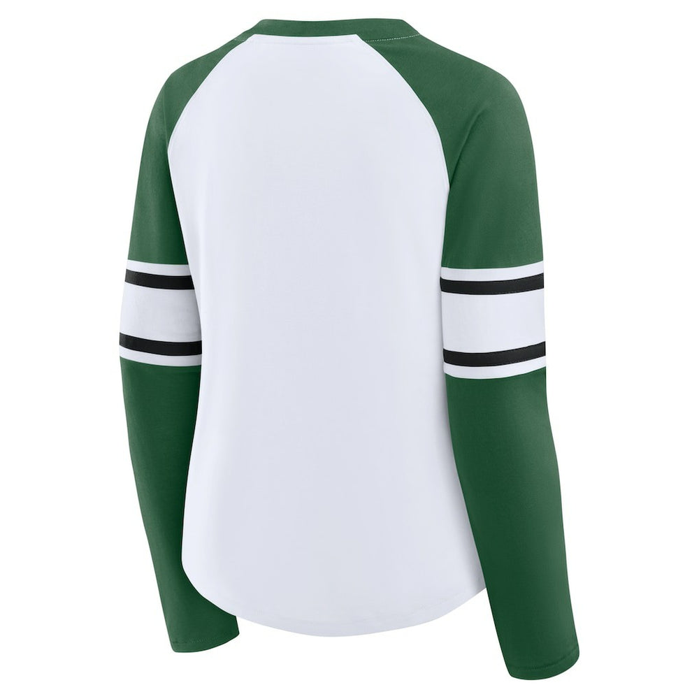 New York Jets Women's Redzone Blitz Package Raglan Lace-Up V-Neck Long Sleeve T-Shirt - White/Green online