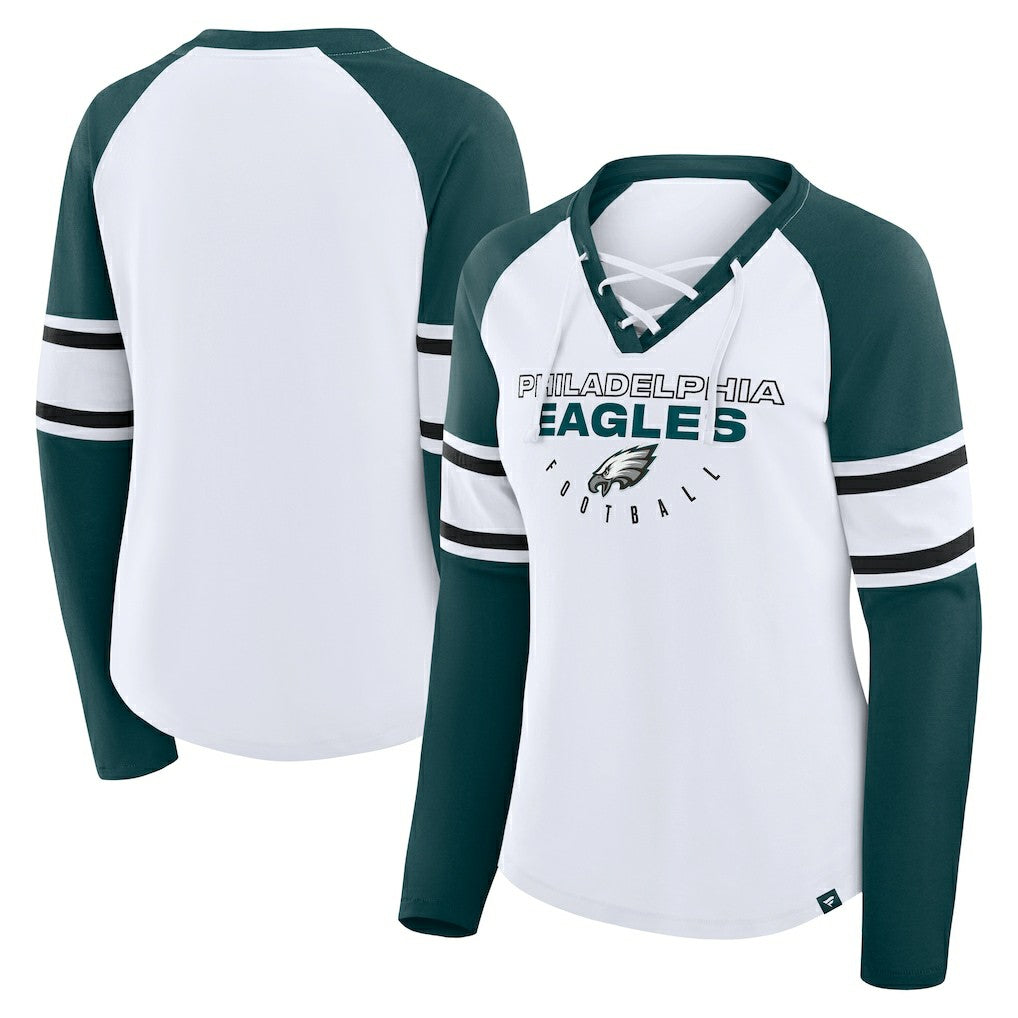 Philadelphia Eagles Women's Redzone Blitz Package Raglan Lace-Up V-Neck Long Sleeve T-Shirt - White/Green online