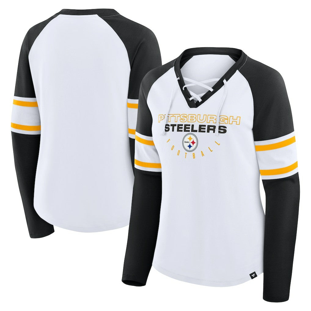 Pittsburgh Steelers Women's Redzone Blitz Package Raglan Lace-Up V-Neck Long Sleeve T-Shirt - White/Black on sale