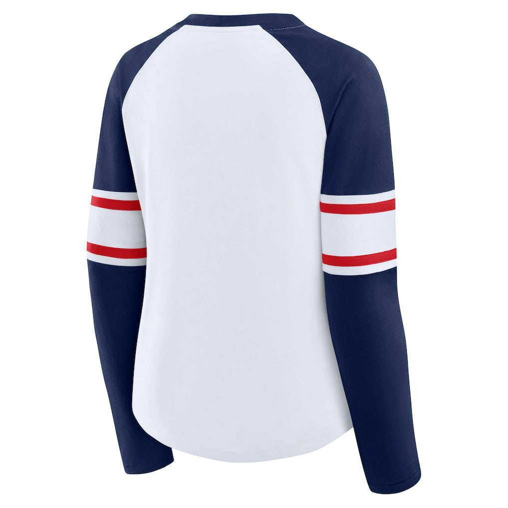New England Patriots Women's Redzone Blitz Package Raglan Lace-Up V-Neck Long Sleeve T-Shirt - White/Navy for sale