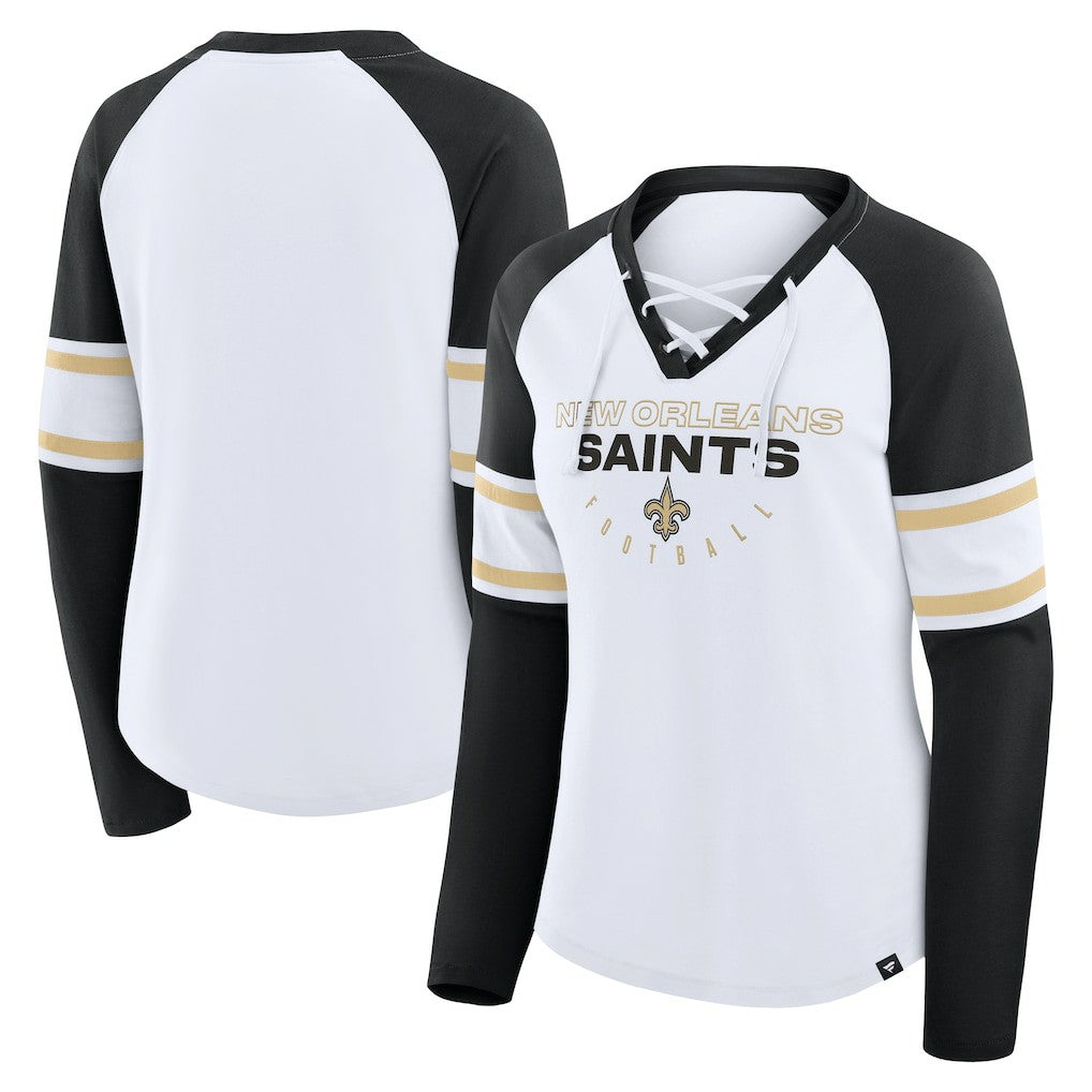 New Orleans Saints Women's Redzone Blitz Package Raglan Lace-Up V-Neck Long Sleeve T-Shirt - White/Black discount
