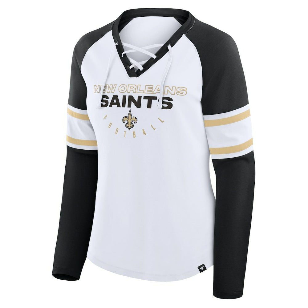 New Orleans Saints Women's Redzone Blitz Package Raglan Lace-Up V-Neck Long Sleeve T-Shirt - White/Black discount