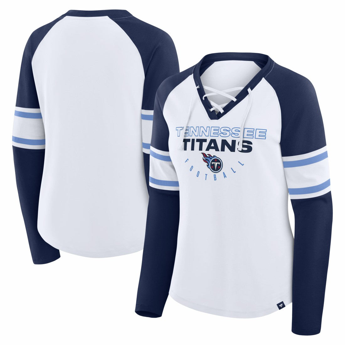 Tennessee Titans Women's Redzone Blitz Package Raglan Lace-Up V-Neck Long Sleeve T-Shirt - White/Navy on sale