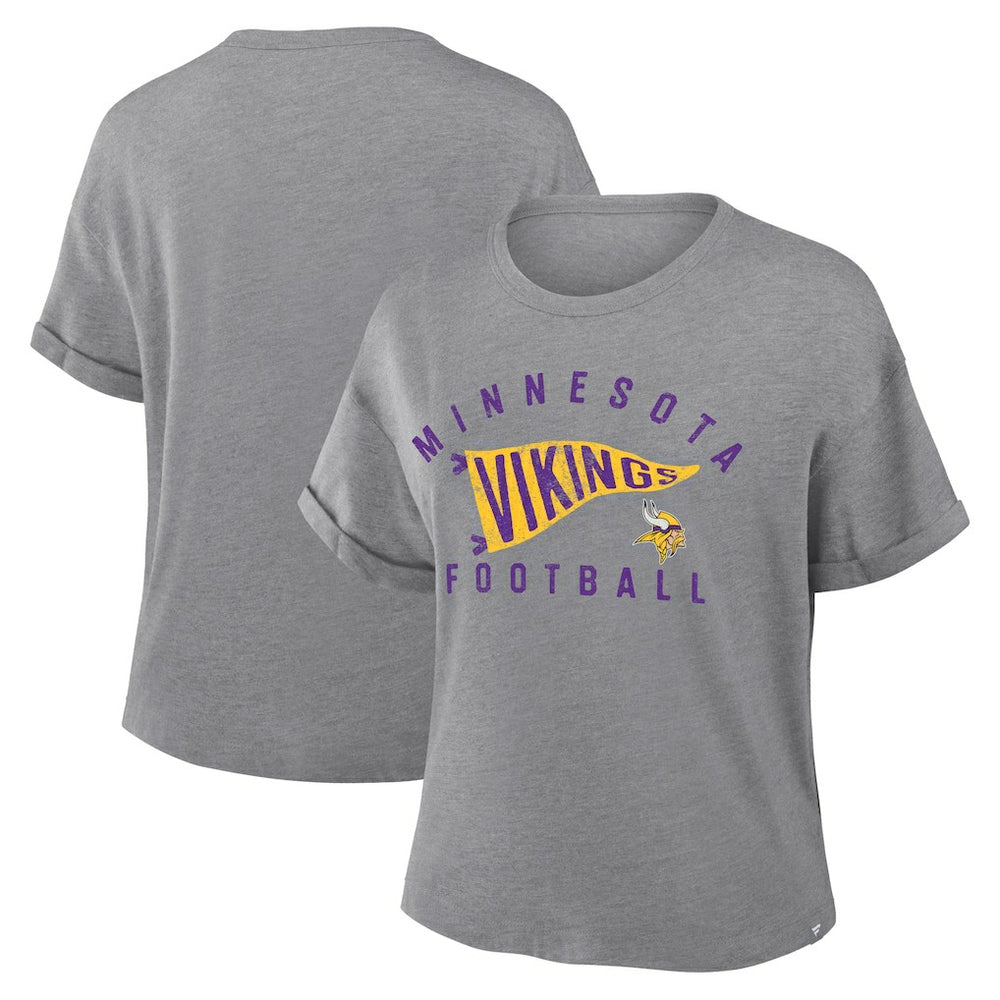 Minnesota Vikings Women's Pennant Wave Tribute Tri-Blend Boxy T-Shirt - Heather Gray for sale