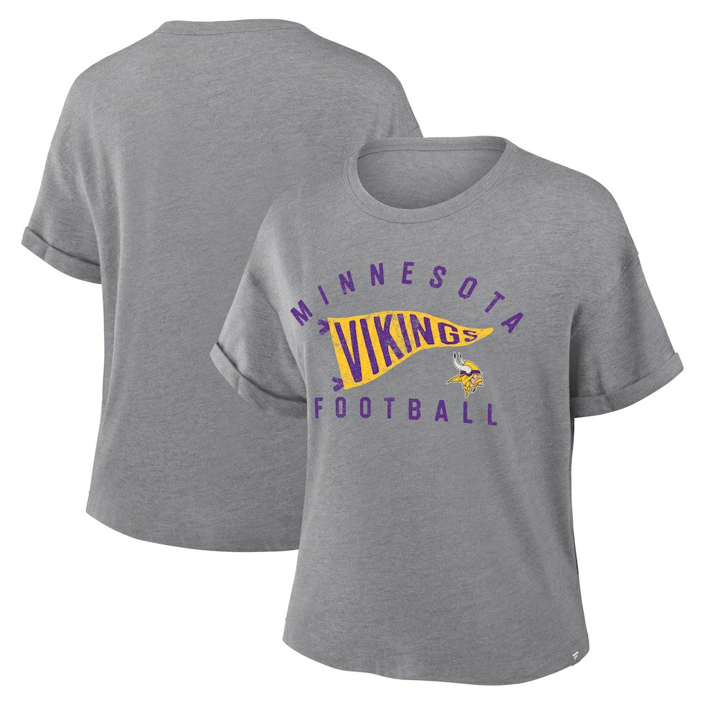 Minnesota Vikings Women's Pennant Wave Tribute Tri-Blend Boxy T-Shirt - Heather Gray for sale