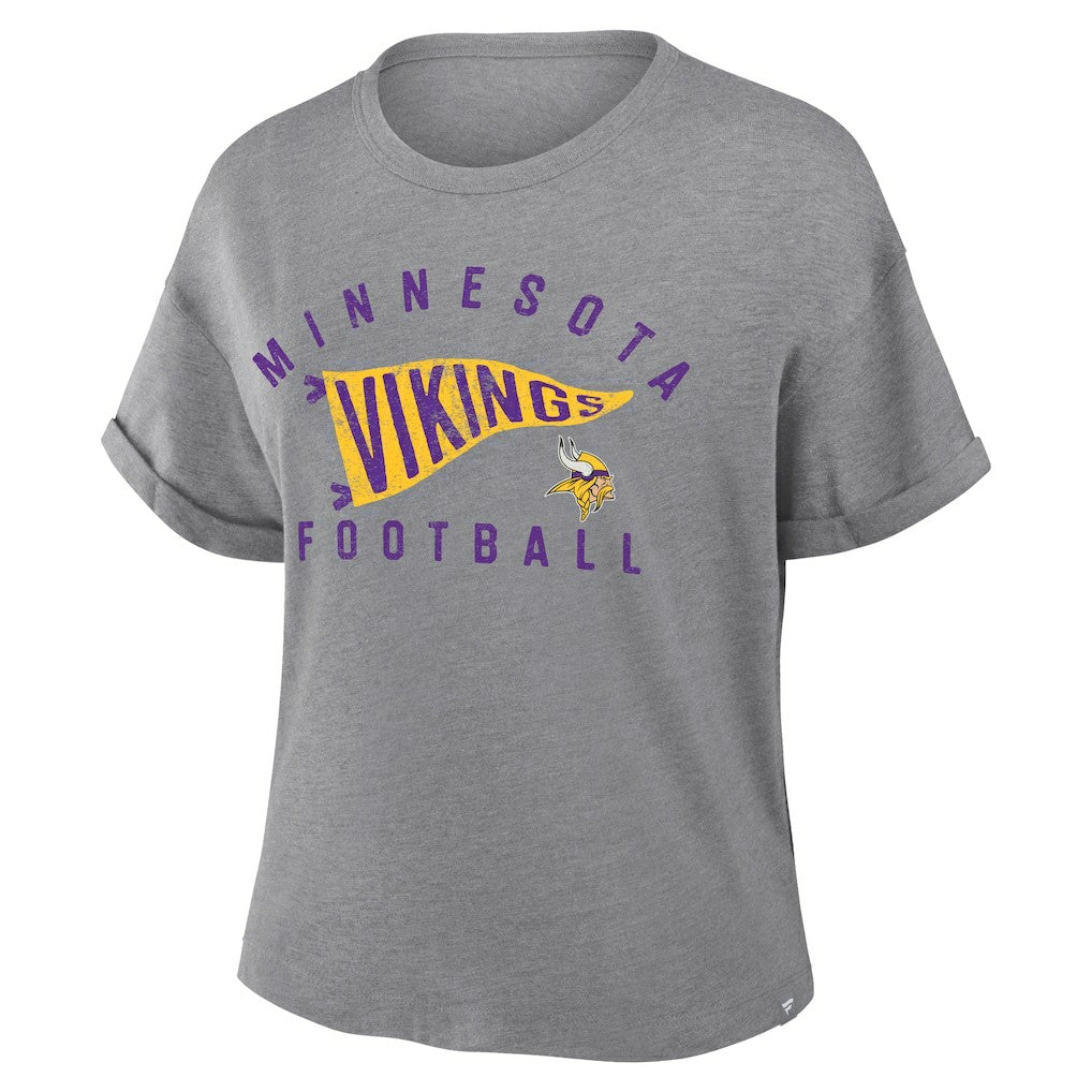 Minnesota Vikings Women's Pennant Wave Tribute Tri-Blend Boxy T-Shirt - Heather Gray for sale