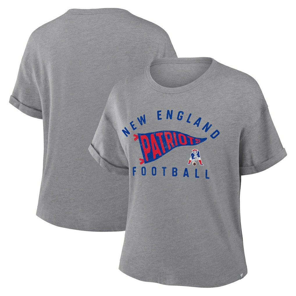New England Patriots Women's Pennant Wave Tribute Tri-Blend Boxy T-Shirt - Heather Gray outlet