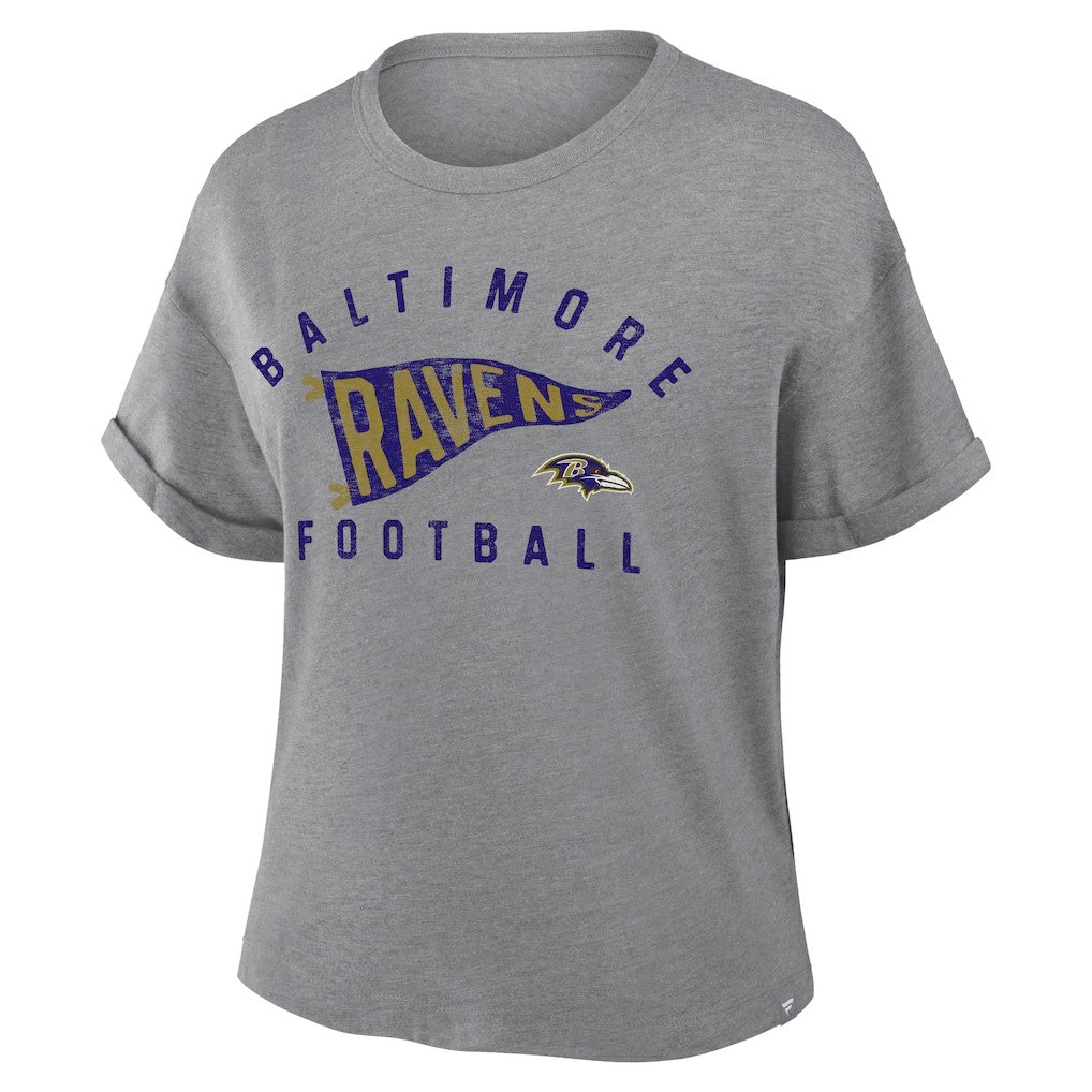 Baltimore Ravens Women's Pennant Wave Tribute Tri-Blend Boxy T-Shirt - Heather Gray cheap