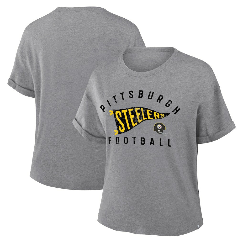 Pittsburgh Steelers Women's Pennant Wave Tribute Tri-Blend Boxy T-Shirt - Heather Gray outlet